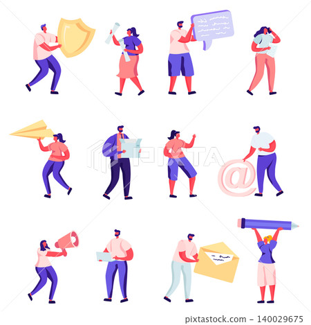 Set of Flat Property, Health Medical, Pr, Social Media Networking Service Characters. Cartoon Holding Shield, Umbrella, Paper Airplane, Photo and Envelope. Vector Illustration. Set of Flat Property, Health Medical, Pr, Social Media Networking Service Characters. Cartoon Holding Shield, Umbrella, Paper Airplane, Photo and Envelope. Vector Illustration. 140029675