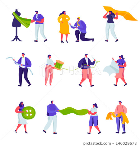 Set of Flat Tailoring and Creative Atelier Workers Profession Characters. Cartoon Fashion Design, Dressmakers Create Outfit and Apparel, Mannequin. Vector Illustration. Set of Flat Tailoring and Creative Atelier Workers Profession Characters. Cartoon Fashion Design, Dressmakers Create Outfit and Apparel, Mannequin. Vector Illustration. 140029678