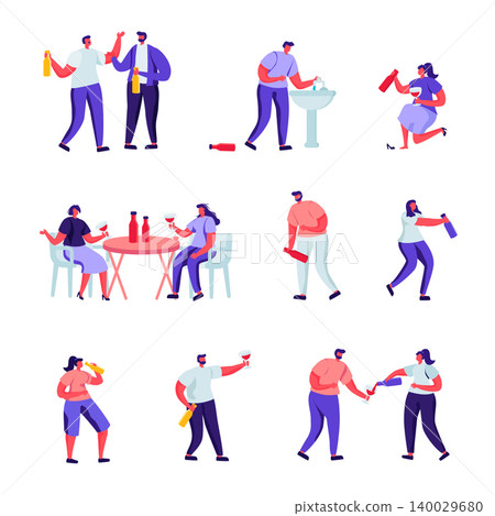 Set of Flat Drinkers and People Playing with Water Guns Characters. Cartoon Alcohol Addiction, Drunk Men and Women Lying on Ground, Puking. Vector Illustration. Set of Flat Drinkers and People Playing with Water Guns Characters. Cartoon Alcohol Addiction, Drunk Men and Women Lying on Ground, Puking. Vector Illustration. 140029680