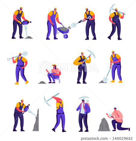 Set of Flat Archeologists and Road Repair Workers Characters. Cartoon Paleontology Scientists with Shovels and Pickaxe Working on Excavations or Digging Soil. Vector Illustration. Set of Flat Archeologists and Road Repair Workers Characters. Cartoon Paleontology Scientists with Shovels and Pickaxe Working on Excavations or Digging Soil. Vector Illustration. 140029682