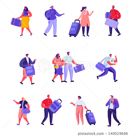 Set of Flat Hotel Staff and Guests Characters. Cartoon Businessman, Receptionist, Clerk Meeting Lodgers, Arabic European Clients, Doorman. Vector Illustration. 140029686