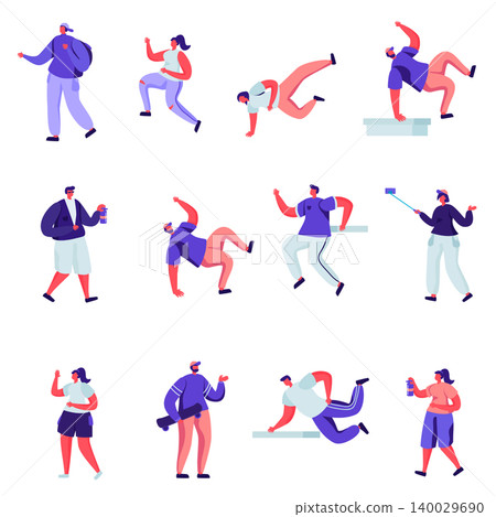 Set of Flat Parkour and Graffiti Characters. Cartoon Men Jumping Over Barriers, Street Artist Teenagers Paint Graffiti on Walls. Vector Illustration. Set of Flat Parkour and Graffiti Characters. Cartoon Men Jumping Over Barriers, Street Artist Teenagers Paint Graffiti on Walls. Vector Illustration. 140029690