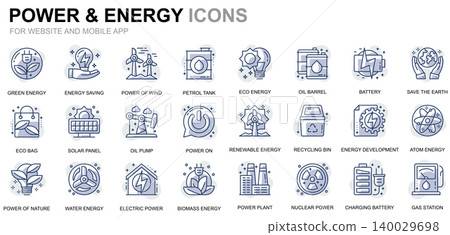 Simple Set Power Industry and Energy Line Icons for Website and Mobile Apps. Contains such Icons as Solar Panel, Eco Energy, Power Plant. Conceptual color line icon. Vector pictogram pack. Simple Set Power Industry and Energy Line Icons for Website and Mobile Apps. Contains such Icons as Solar Panel, Eco Energy, Power Plant. Conceptual color line icon. Vector pictogram pack. 140029698