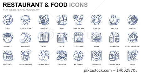 Simple Set Restaurant and Food Line Icons for Website and Mobile Apps. Contains such Icons as Fast Food, Menu, Organic Fruit, Coffee Bar. Conceptual color line icon. Vector pictogram pack. Simple Set Restaurant and Food Line Icons for Website and Mobile Apps. Contains such Icons as Fast Food, Menu, Organic Fruit, Coffee Bar. Conceptual color line icon. Vector pictogram pack. 140029705