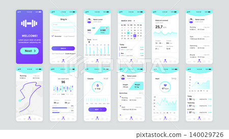 Set of UI, UX, GUI screens Fitness app flat design template for mobile apps, responsive website wireframes. Web design UI kit. Fitness Dashboard. Set of UI, UX, GUI screens Fitness app flat design template for mobile apps, responsive website wireframes. Web design UI kit. Fitness Dashboard. 140029726
