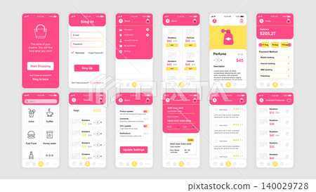 Set of UI, UX, GUI screens Shopping app flat design template for mobile apps, responsive website wireframes. Web design UI kit. Shopping Dashboard. 140029728