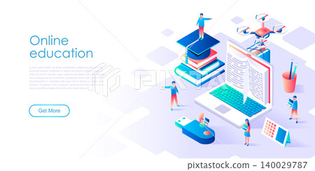 Modern flat design isometric concept of Online Education for banner and website. Isometric landing page template. Graduation, e-learning, college research, school concept. Vector illustration. 140029787