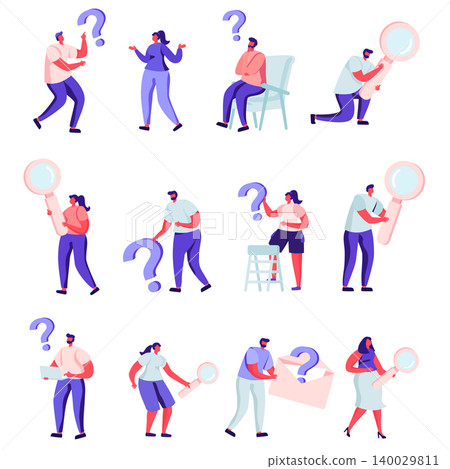 Set of flat people who are looking for something characters. Bundle cartoon people in various poses with question marks on white background. Vector illustration in flat modern style. 140029811