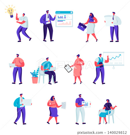 Set of flat business office people characters. Bundle cartoon people in various poses, graphs, data analysis on white background. Vector illustration in flat modern style. Set of flat business office people characters. Bundle cartoon people in various poses, graphs, data analysis on white background. Vector illustration in flat modern style. 140029812