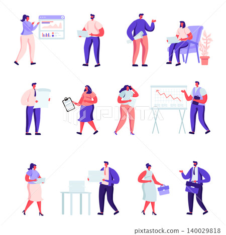Set of flat people office workers characters. Bundle cartoon people in various poses, graphs, data analysis on white background. Vector illustration in flat modern style. Set of flat people office workers characters. Bundle cartoon people in various poses, graphs, data analysis on white background. Vector illustration in flat modern style. 140029818