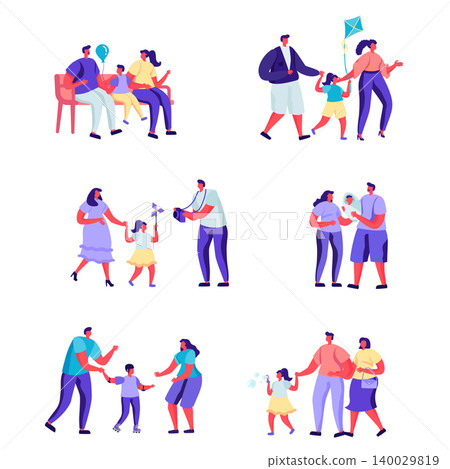 Set of flat people happy moments of family characters. Bundle cartoon people on a walk with children in various poses on white background. Vector illustration in flat modern style. Set of flat people happy moments of family characters. Bundle cartoon people on a walk with children in various poses on white background. Vector illustration in flat modern style. 140029819