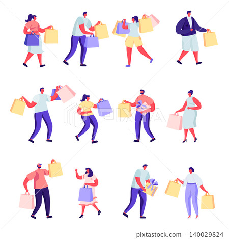 Set of flat people shopping at mall or supermarket characters. Bundle cartoon people joyful shoppers with packages on white background. Vector illustration in flat modern style. Set of flat people shopping at mall or supermarket characters. Bundle cartoon people joyful shoppers with packages on white background. Vector illustration in flat modern style. 140029824