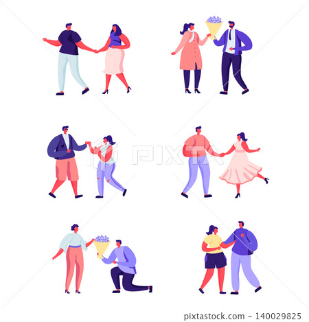 Set of flat people on a romantic date characters. Bundle cartoon people boys and girls holding hands, walking together on white background. Vector illustration in flat modern style. Set of flat people on a romantic date characters. Bundle cartoon people boys and girls holding hands, walking together on white background. Vector illustration in flat modern style. 140029825