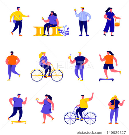 Set of flat people performing summer outdoor activities characters. Cartoon tiny people on street isolated on white background. Flat vector Illustration. Collection people characters. 140029827