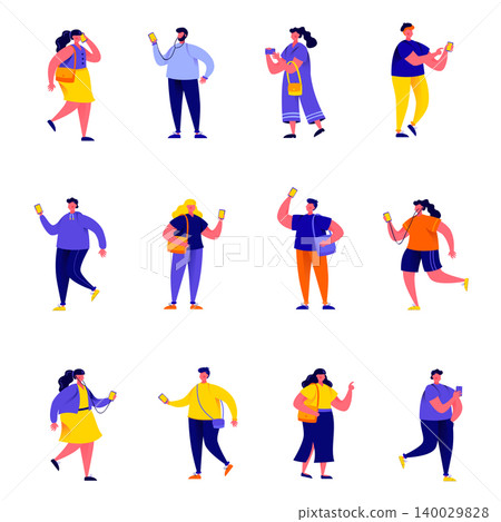 Set of flat people holding smartphones and texting characters. Cartoon tiny people on street isolated on white background. Flat vector Illustration. Collection people characters. Set of flat people holding smartphones and texting characters. Cartoon tiny people on street isolated on white background. Flat vector Illustration. Collection people characters. 140029828