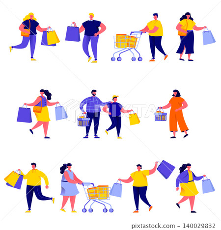 Set of flat people carrying shopping bags with purchases characters. Cartoon tiny people on street isolated on white background. Flat vector Illustration. Collection people characters. 140029832