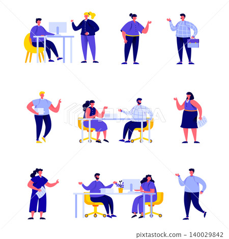 Set of flat people office workers or business meeting or brainstorming characters. Cartoon tiny people on street isolated on white background. Flat vector Illustration. Collection people characters. Set of flat people office workers or business meeting or brainstorming characters. Cartoon tiny people on street isolated on white background. Flat vector Illustration. Collection people characters. 140029842