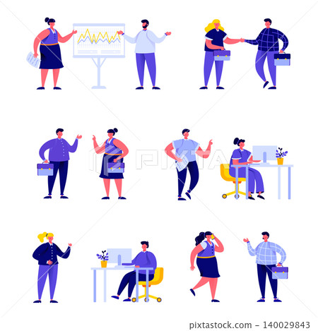 Set of flat people office workers or managers talking to each other characters. Cartoon tiny people on street isolated on white background. Flat vector Illustration. Collection people characters. 140029843