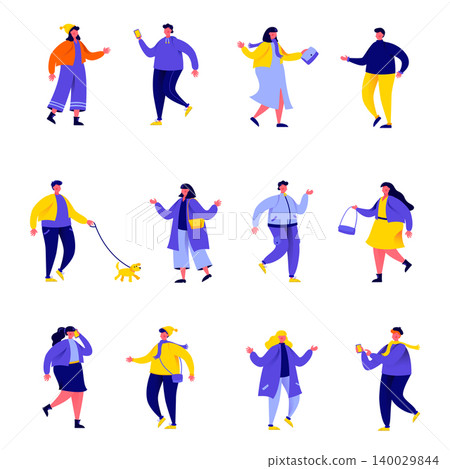 Set of flat people dressed in seasonal clothes or outerwear characters. Cartoon tiny people on street isolated on white background. Flat vector Illustration. Collection people characters. Set of flat people dressed in seasonal clothes or outerwear characters. Cartoon tiny people on street isolated on white background. Flat vector Illustration. Collection people characters. 140029844