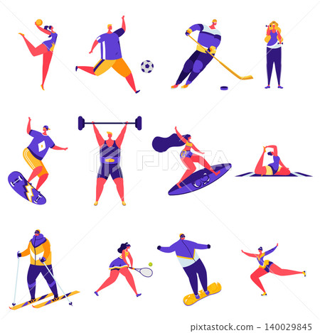 Set of flat people sports activities characters. Bundle cartoon people happy training or exercising isolated on white background. Vector illustration in flat modern style. Set of flat people sports activities characters. Bundle cartoon people happy training or exercising isolated on white background. Vector illustration in flat modern style. 140029845