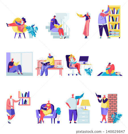 Set of flat people reading or students studying characters. Bundle cartoon people book lovers, readers, literature fans isolated on white background. Vector illustration in flat modern style. 140029847