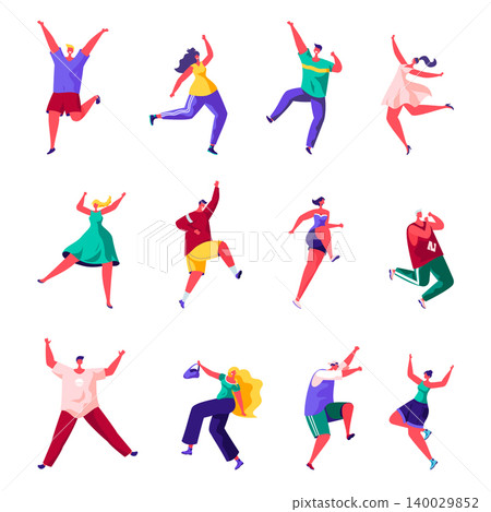 Set of flat people are jumping happiness characters. Bundle cartoon people jumping and rejoicing at the holiday on white background. Vector illustration in flat modern style. Set of flat people are jumping happiness characters. Bundle cartoon people jumping and rejoicing at the holiday on white background. Vector illustration in flat modern style. 140029852