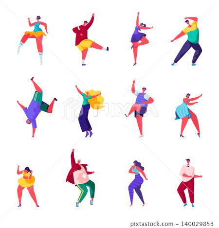 Set of flat people dance at a party characters. Bundle cartoon people on holiday have fun and dance on white background. Vector illustration in flat modern style. 140029853