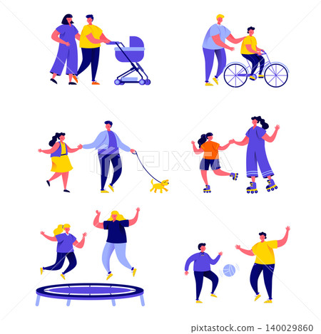 Set of flat people family active holidays characters. Bundle cartoon people parents with kids in various activity isolated on white background. Vector illustration in flat modern style. Set of flat people family active holidays characters. Bundle cartoon people parents with kids in various activity isolated on white background. Vector illustration in flat modern style. 140029860