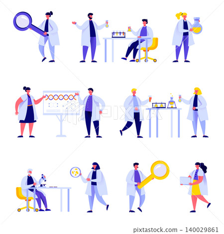 Set of flat people science laboratory staff characters. Bundle cartoon people performing various experiments isolated on white background. Vector illustration in flat modern style. Set of flat people science laboratory staff characters. Bundle cartoon people performing various experiments isolated on white background. Vector illustration in flat modern style. 140029861