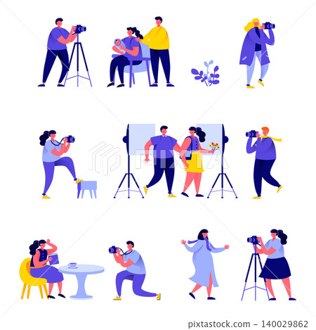 Set of flat people photographers take different pictures characters. Bundle cartoon people photographers and cameramans isolated on white background. Vector illustration in flat modern style. Set of flat people photographers take different pictures characters. Bundle cartoon people photographers and cameramans isolated on white background. Vector illustration in flat modern style. 140029862