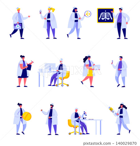 Set of flat people medical hospital staff characters. Bundle cartoon people Doctor nurse surgeon pharmacist in medic uniform isolated on white background. Vector illustration in flat modern style. Set of flat people medical hospital staff characters. Bundle cartoon people Doctor nurse surgeon pharmacist in medic uniform isolated on white background. Vector illustration in flat modern style. 140029870