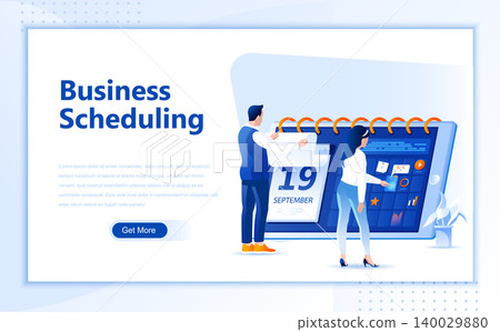 Business schedule flat web page design template of homepage or header images decorated people for website and mobile website development. Flat landing page template. Vector illustration. 140029880