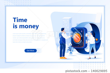 Time is money flat web page design template of homepage or header images decorated people for website and mobile website development. Flat landing page template. Vector illustration. Time is money flat web page design template of homepage or header images decorated people for website and mobile website development. Flat landing page template. Vector illustration. 140029895