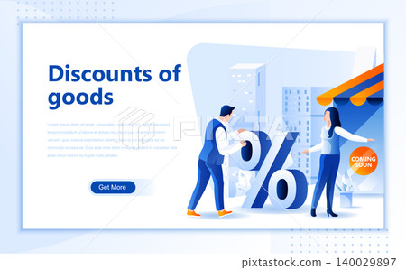 Discounts of goods flat web page design template of homepage or header images decorated people for website and mobile website development. Flat landing page template. Vector illustration. Discounts of goods flat web page design template of homepage or header images decorated people for website and mobile website development. Flat landing page template. Vector illustration. 140029897