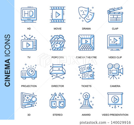 Thin Line Cinema Related Vector Icons Set for Website and Mobile Site and Apps. Outline icons design. Contains such Icons as Movie Clip, Popcorn, Tickets and more. Linear Pictogram Pack. Thin Line Cinema Related Vector Icons Set for Website and Mobile Site and Apps. Outline icons design. Contains such Icons as Movie Clip, Popcorn, Tickets and more. Linear Pictogram Pack. 140029916