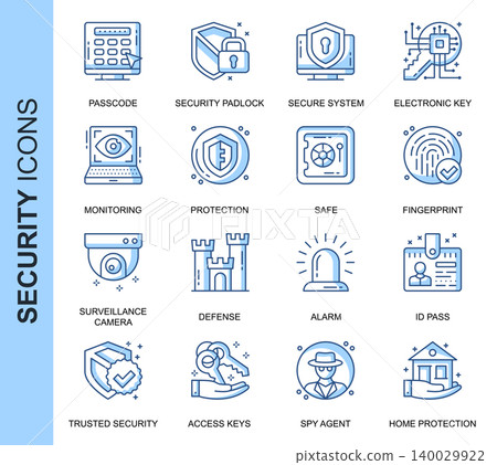 Thin Line Security Related Vector Icons Set for Website and Mobile Site and Apps. Outline icons design. Contains such Icons as Surveillance Camera, Fingerprint, ID and more. Linear Pictogram Pack. Thin Line Security Related Vector Icons Set for Website and Mobile Site and Apps. Outline icons design. Contains such Icons as Surveillance Camera, Fingerprint, ID and more. Linear Pictogram Pack. 140029922