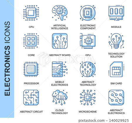 Thin Line Electronics Related Vector Icons Set for Website and Mobile Site and Apps. Outline icons design. Contains such Icons as CPU, Artificial Intelligence, Card and more. Linear Pictogram Pack. Thin Line Electronics Related Vector Icons Set for Website and Mobile Site and Apps. Outline icons design. Contains such Icons as CPU, Artificial Intelligence, Card and more. Linear Pictogram Pack. 140029925