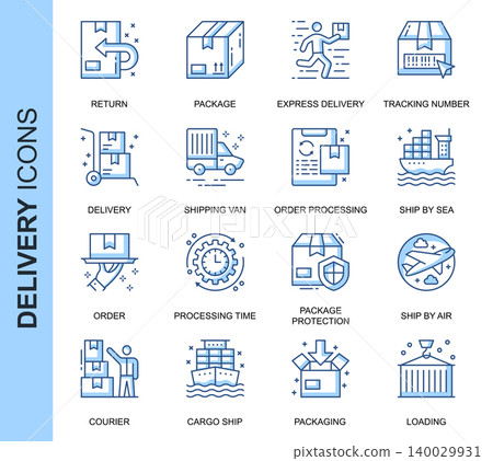 Thin Line Delivery Related Vector Icons Set for Website and Mobile Site and Apps. Outline icons design. Contains such Icons as Express Delivery, Tracking Number Search and more. Linear Pictogram Pack. 140029931
