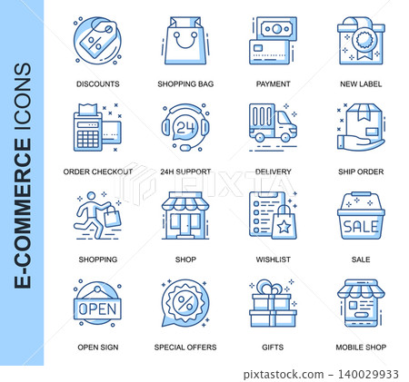 Thin Line E-Commerce Related Vector Icons Set for Website and Mobile Site and Apps. Outline icons design. Contains such Icons as Discounts, Mobile Shop, Sale, Shopping and more. Linear Pictogram Pack. Thin Line E-Commerce Related Vector Icons Set for Website and Mobile Site and Apps. Outline icons design. Contains such Icons as Discounts, Mobile Shop, Sale, Shopping and more. Linear Pictogram Pack. 140029933