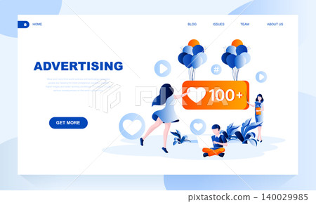 Advertising vector landing page template with header. Successful promotion web banner, homepage design with flat illustrations 140029985