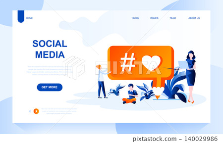 Social media vector landing page template with header. Account promotion web banner, homepage design with flat illustrations Social media vector landing page template with header. Account promotion web banner, homepage design with flat illustrations 140029986