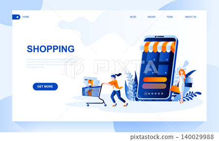 Shopping vector landing page template with header. Online store web banner, homepage design with flat illustrations 140029988