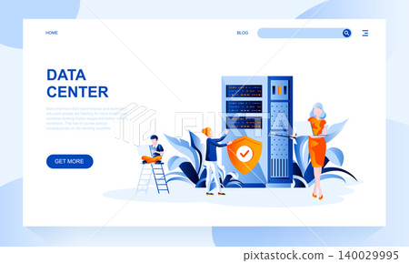 Data center vector landing page template with header. Computer systems and telecommunications web banner, homepage design with flat illustrations Data center vector landing page template with header. Computer systems and telecommunications web banner, homepage design with flat illustrations 140029995