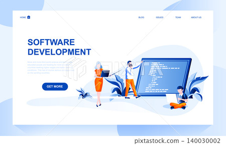 Software development vector landing page template with header. Application coding, programming web banner, homepage with flat illustrations Software development vector landing page template with header. Application coding, programming web banner, homepage with flat illustrations 140030002