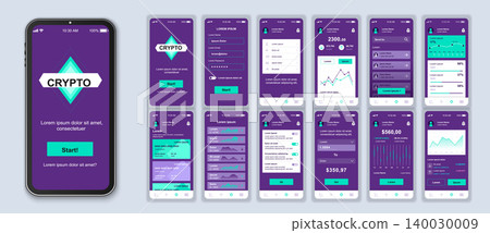 Cryptocurrency smartphone interface vector templates set. Financial app. Mobile wallet. Web page design layout. Pack of UI, UX, GUI screens for application. Phone display. Web design kit Cryptocurrency smartphone interface vector templates set. Financial app. Mobile wallet. Web page design layout. Pack of UI, UX, GUI screens for application. Phone display. Web design kit 140030009