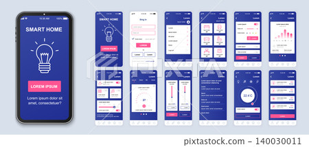 Smart home mobile app interface vector templates set. Remote temperature control. Web page design layout. Pack of UI, UX, GUI screens for application. Phone display. Web design kit Smart home mobile app interface vector templates set. Remote temperature control. Web page design layout. Pack of UI, UX, GUI screens for application. Phone display. Web design kit 140030011