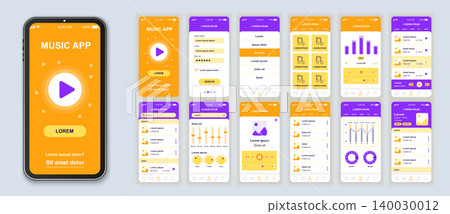 Music mobile app interface design vector templates set. Audio player. Online playlist. Smartphone web page layout. Pack of UI, UX, GUI screens for application. Phone display. Web design kit Music mobile app interface design vector templates set. Audio player. Online playlist. Smartphone web page layout. Pack of UI, UX, GUI screens for application. Phone display. Web design kit 140030012