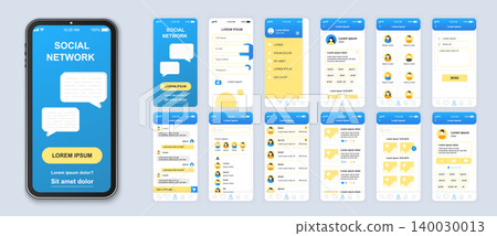 Social network mobile app interface design vector templates set. Online chatting. Internet communication. Web page design layouts kit. Pack of UI, UX, GUI screens for application. Phone display Social network mobile app interface design vector templates set. Online chatting. Internet communication. Web page design layouts kit. Pack of UI, UX, GUI screens for application. Phone display 140030013
