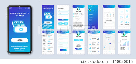 Medicine smartphone interface vector templates set. Healthcare mobile app page blue design layout. Pack of UI, UX, GUI screens for application. Phone display. Web design for online clinic kit Medicine smartphone interface vector templates set. Healthcare mobile app page blue design layout. Pack of UI, UX, GUI screens for application. Phone display. Web design for online clinic kit 140030016