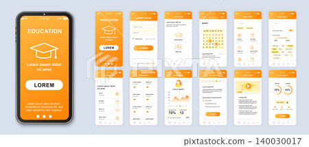 Education smartphone interface vector templates set. Studying online mobile app orange web design layout. Pack of UI, UX, GUI screens for application. Phone display. Web design kit Education smartphone interface vector templates set. Studying online mobile app orange web design layout. Pack of UI, UX, GUI screens for application. Phone display. Web design kit 140030017